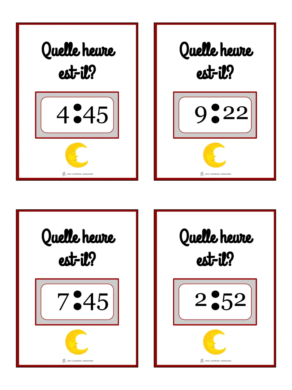French telling-time cards 37–40 ask “Quelle heure est-il?” (What time is it?): 4:45, 9:22, 7:45, 2:52.