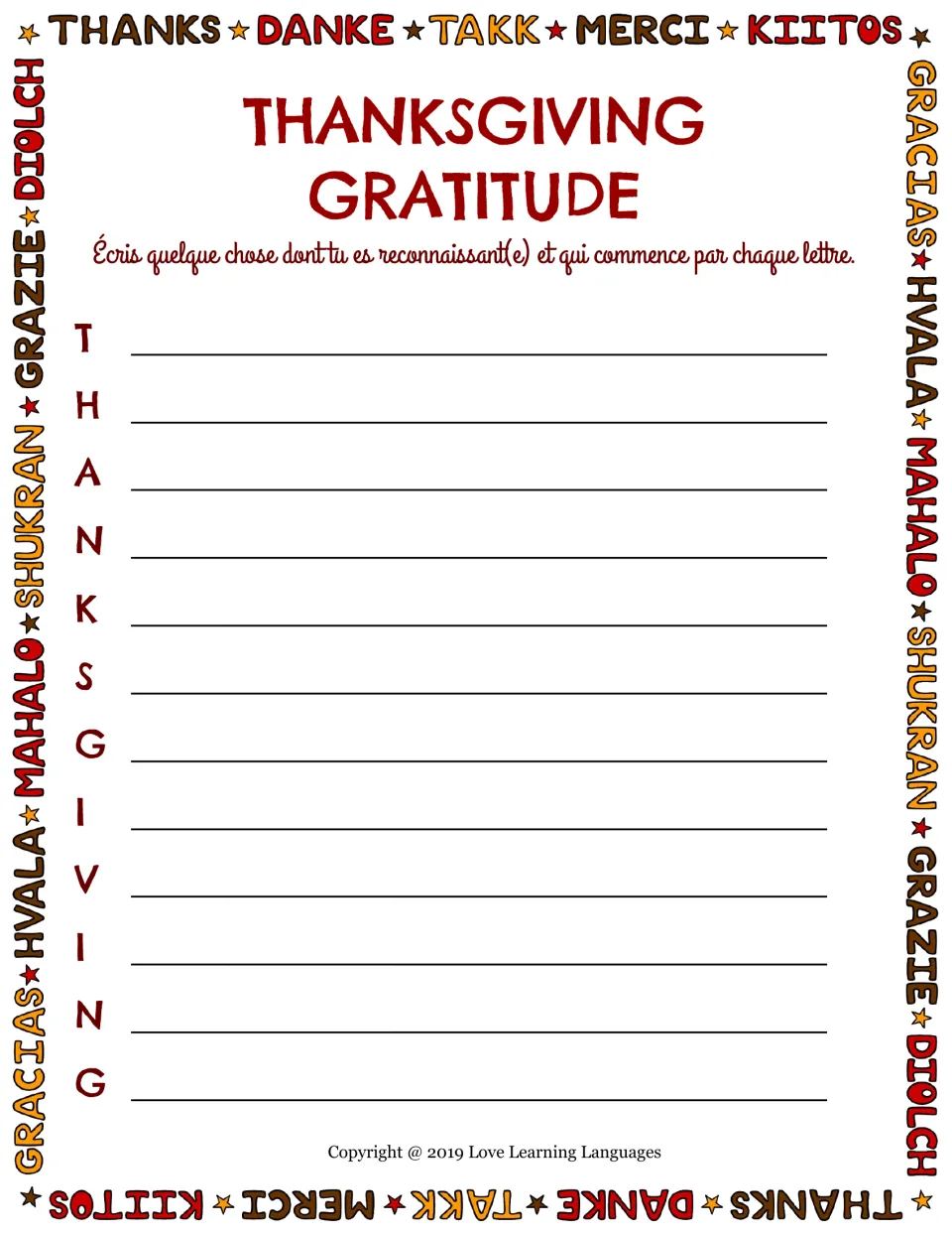 Thanksgiving gratitude acrostic: students follow French directions to write something they are thankful for per letter