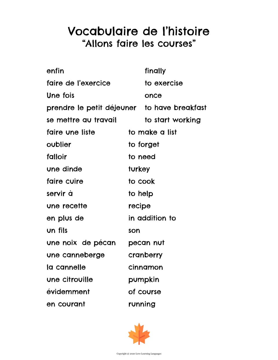 French story vocabulary list: 20 terms such as enfin, une dinde and une canneberge paired with English translations
