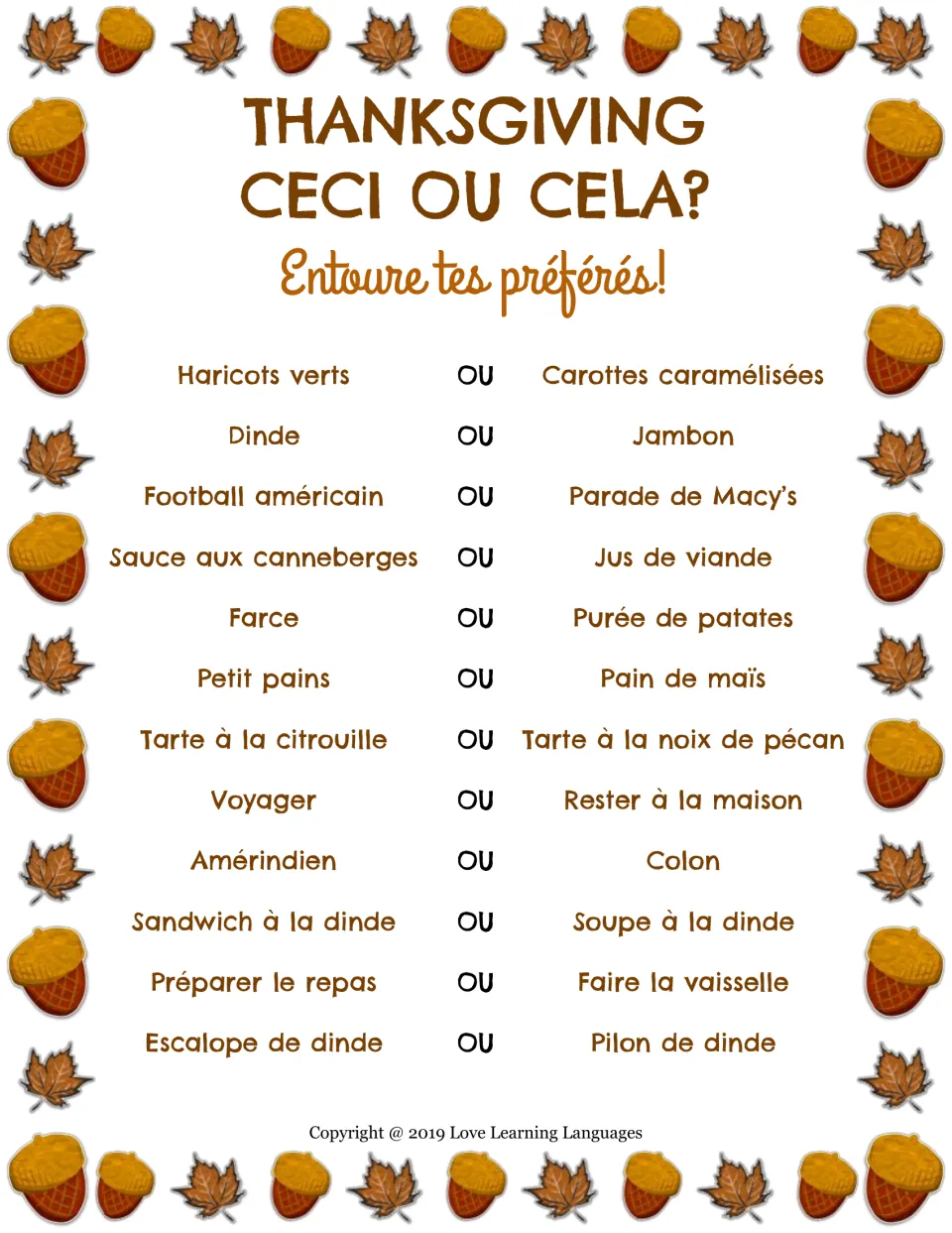 Thanksgiving Ceci ou cela? in French: students circle their favorite in 12 pairs like Dinde ou Jambon