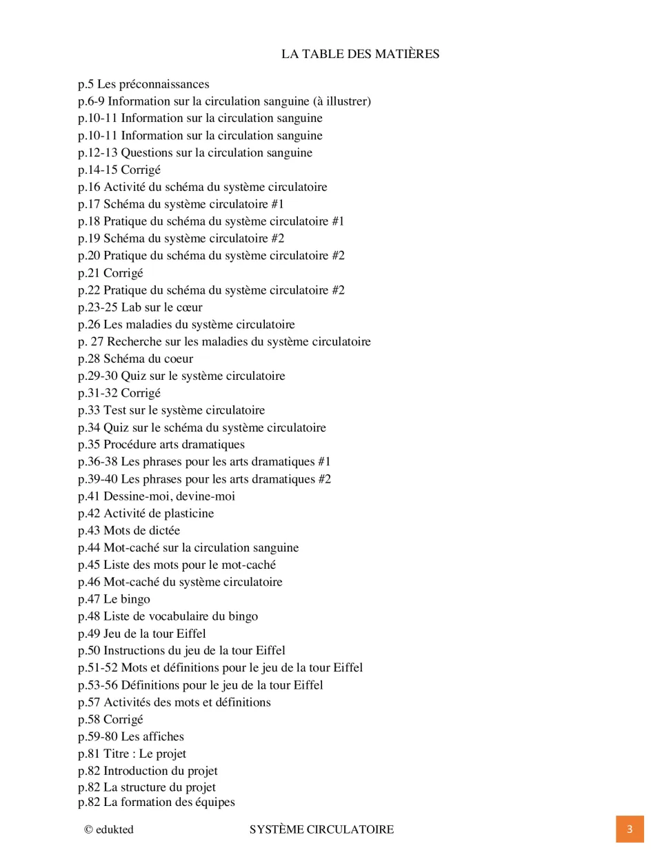 First contents page lists circulation readings, diagram practice, quizzes, games, posters and project setup