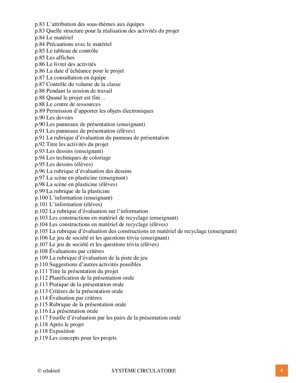 Second contents page lists team project directions, art activities, assessment rubrics and oral presentations
