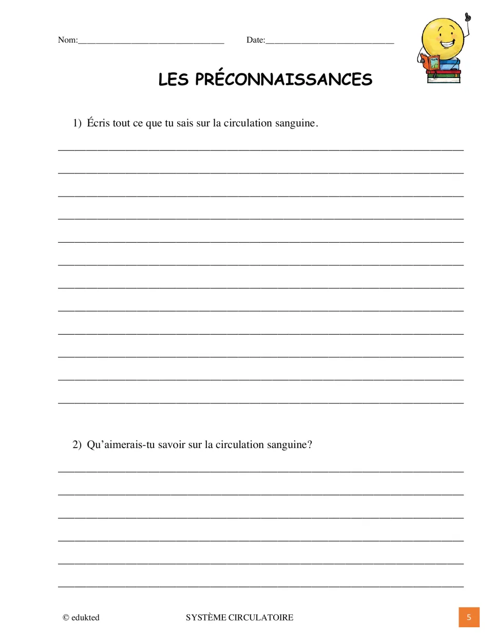 Prior knowledge activity asks students in French what they know and want to know about blood circulation