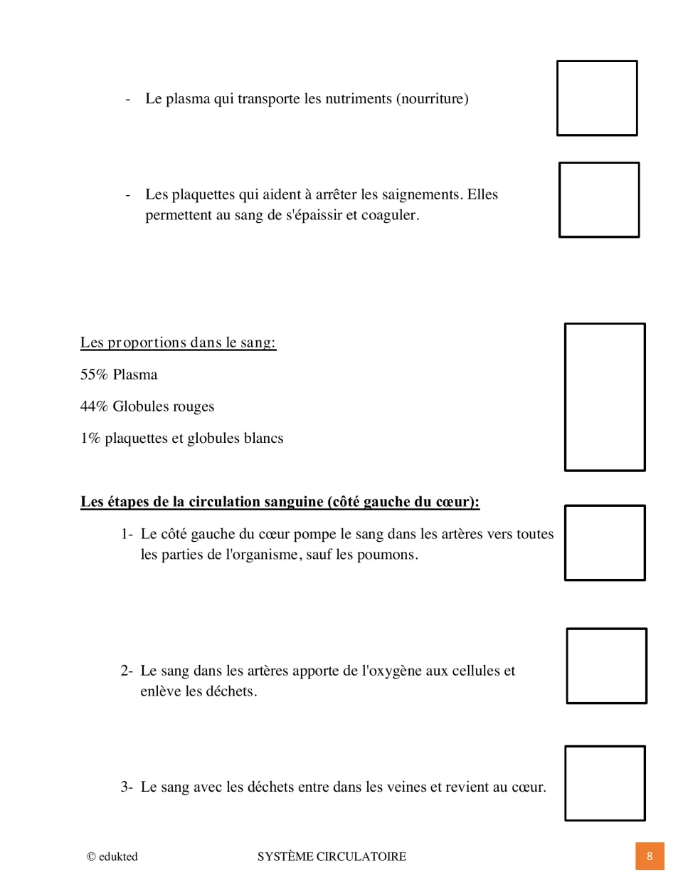French reading to illustrate covers plasma, platelets, blood proportions and circulation from the left heart