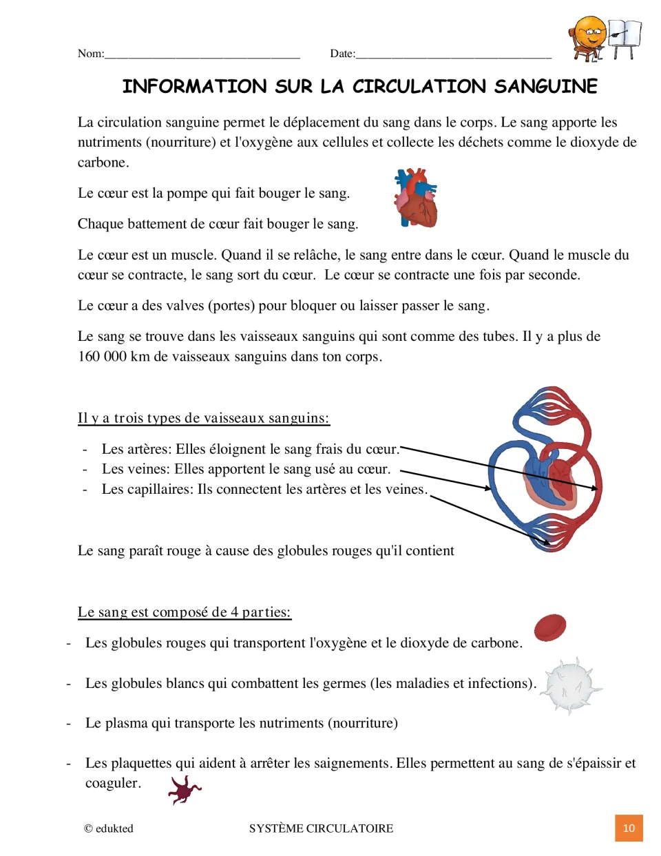 Illustrated French reference reading explains heart function, three blood vessel types and four blood components