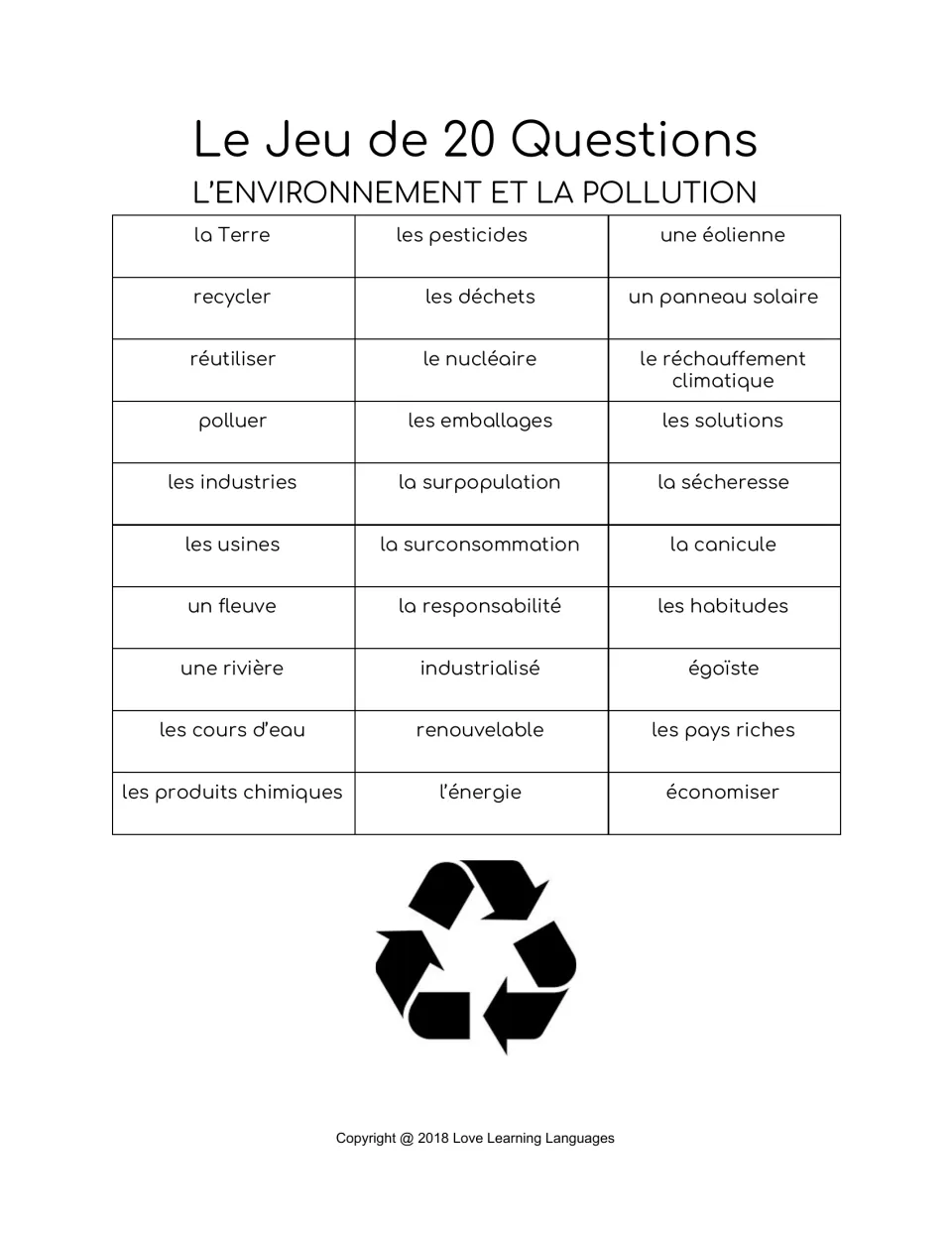French-only game reference: the same 30 environment terms, including la Terre (Earth) and l’énergie (energy).