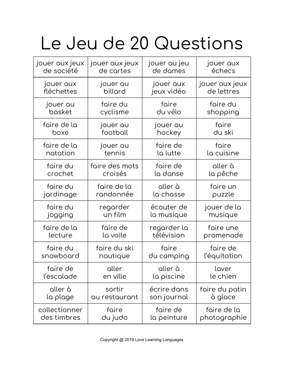 French-only handout, Le Jeu de 20 Questions: 52 hobbies like jouer aux échecs (to play chess) and faire du ski