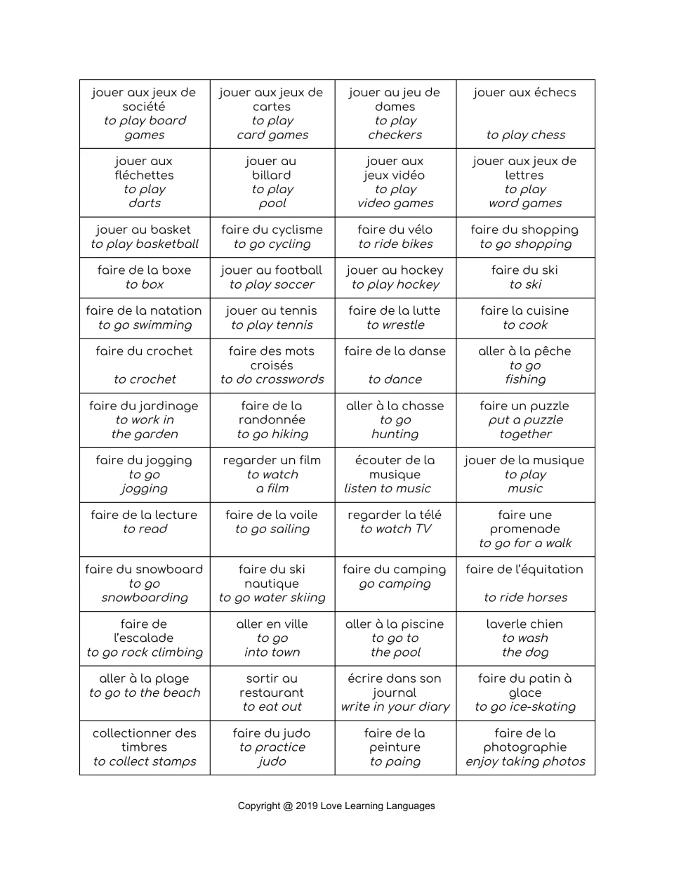 Same 52 hobbies with English translations: faire du vélo (to ride bikes), aller à la pêche (to go fishing) and more