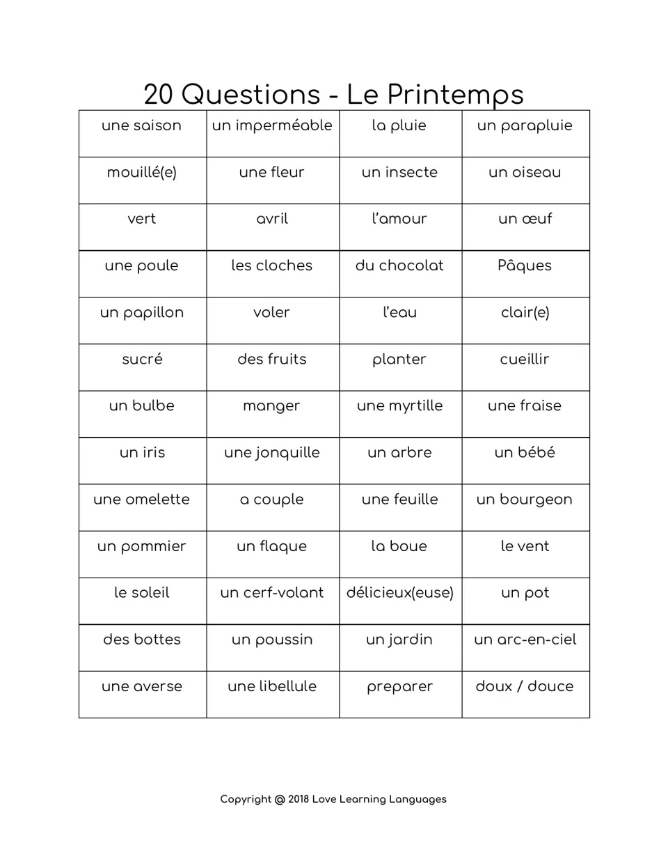 20 Questions - Le Printemps: 52 French spring words to guess, from la pluie and une fleur to Pâques and un arc-en-ciel