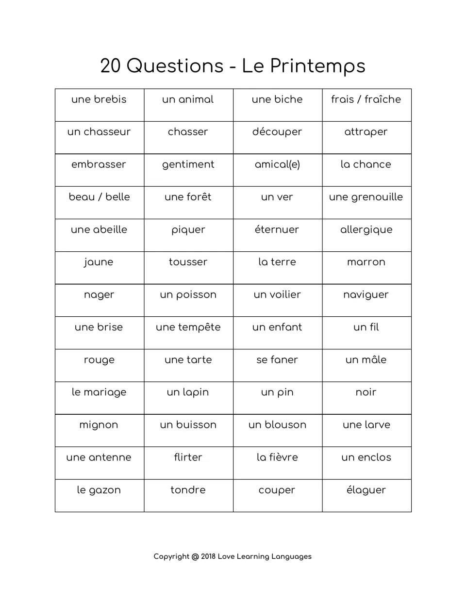 Le Printemps word set 2: 52 French words to guess, including une abeille, une grenouille, éternuer and une tempête