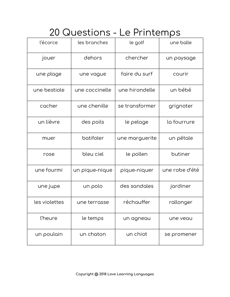 Le Printemps word set 3: 52 French words to guess, including une coccinelle, une chenille, un pique-nique and un agneau
