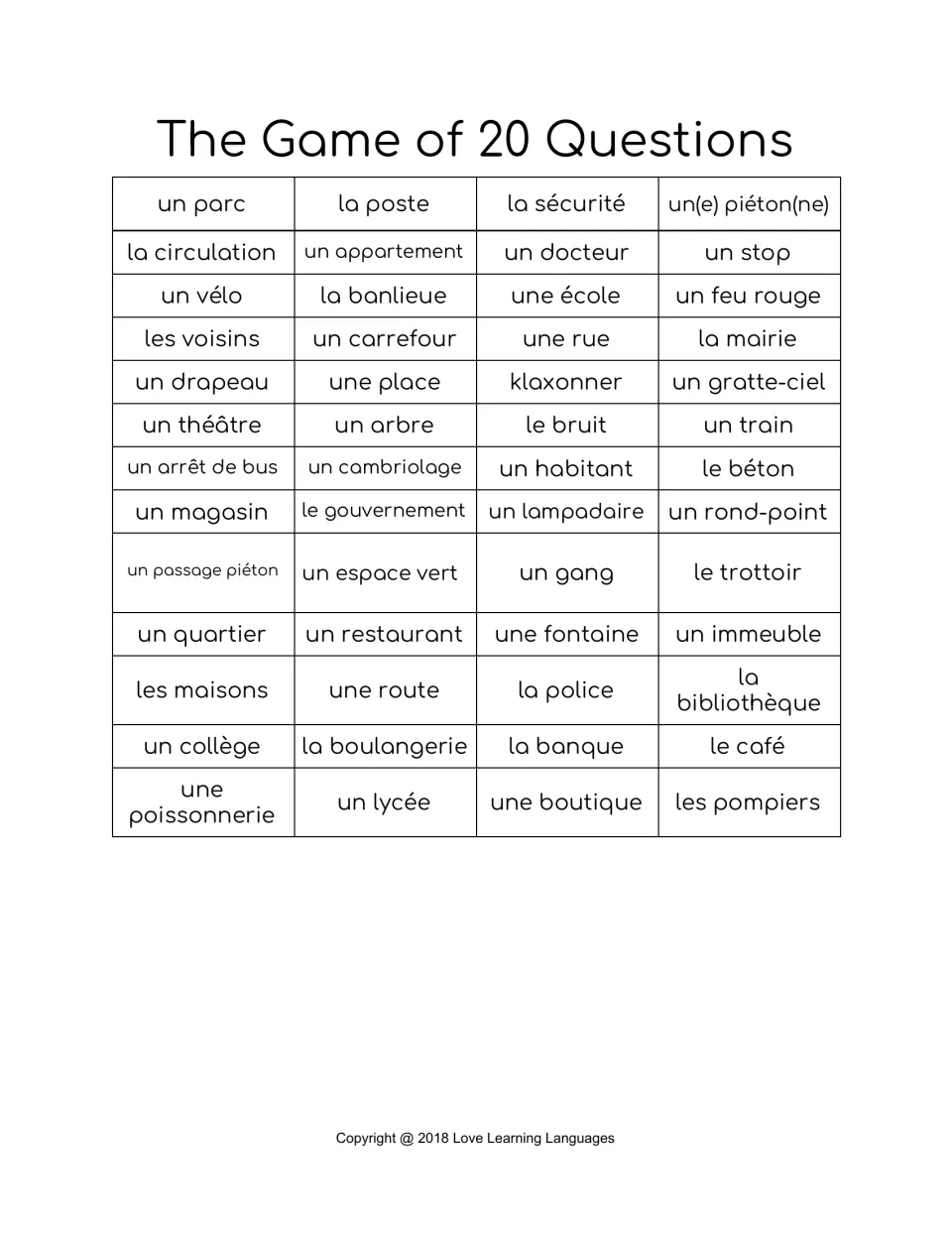 Set 1 in French only: the same 52 city words, from un parc and la poste to une boutique and les pompiers
