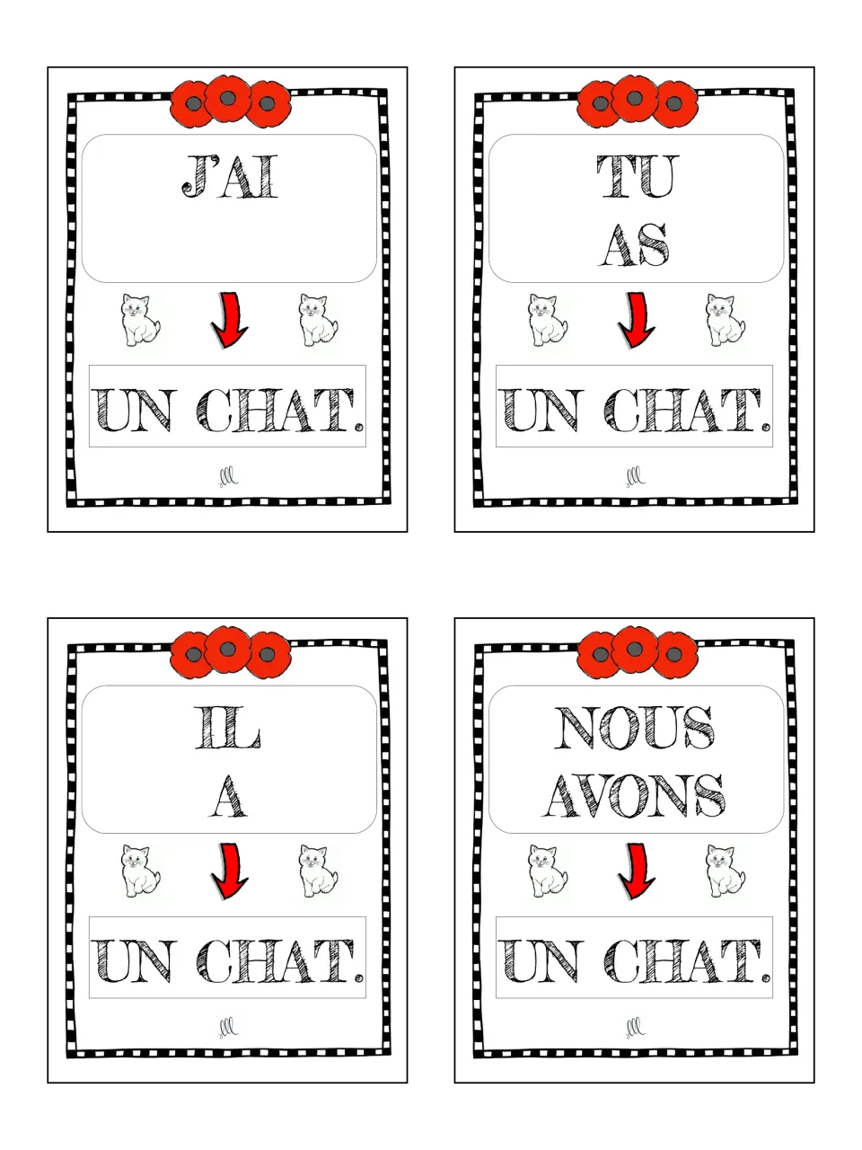 French avoir game cards 1–4: j’ai, tu as, il a and nous avons, each followed by un chat (a cat).
