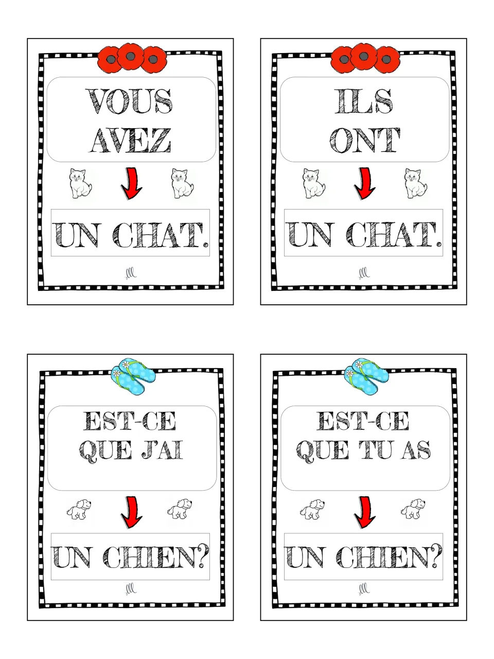 French avoir game cards 5–8: vous avez and ils ont un chat (a cat); dog questions use j’ai and tu as.