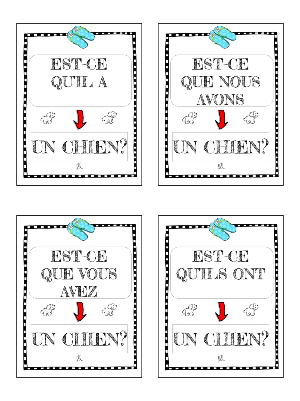 French avoir game cards 9–12: est-ce que questions about un chien (a dog), using il, nous, vous and ils.