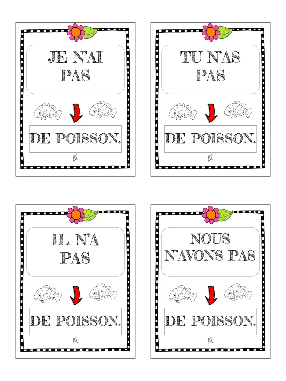 French avoir game cards 13–16: je n’ai pas, tu n’as pas, il n’a pas and nous n’avons pas de poisson (fish).