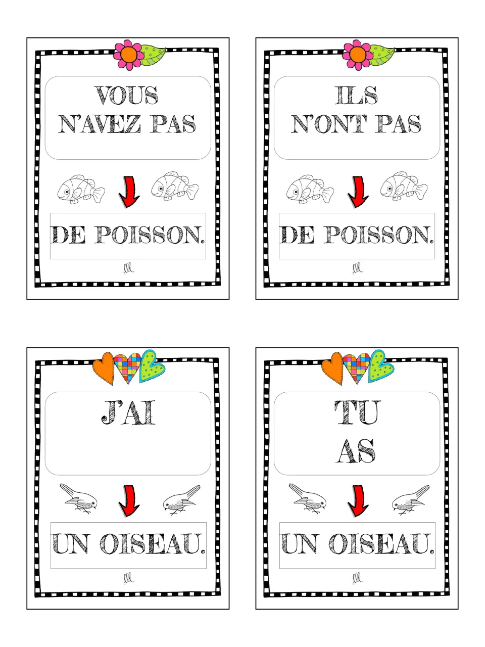 French avoir game cards 17–20: vous and ils negatives about poisson (fish); j’ai and tu as un oiseau (a bird).
