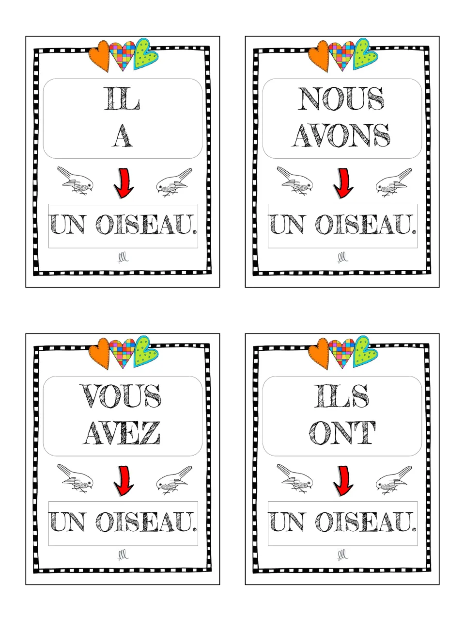French avoir game cards 21–24: il a, nous avons, vous avez and ils ont, each with un oiseau (a bird).