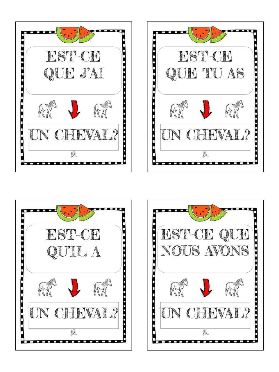 French avoir game cards 25–28: est-ce que questions about un cheval (a horse), using je, tu, il and nous.