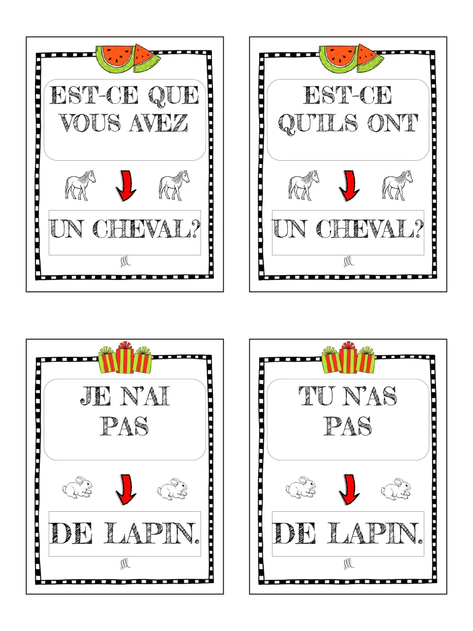 French avoir game cards 29–32: vous and ils questions about cheval (horse); je and tu negatives about lapin (rabbit).