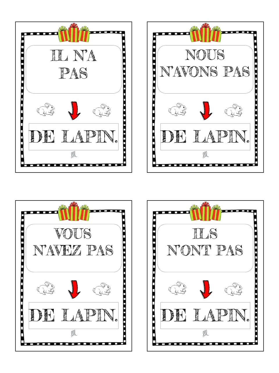 French avoir game cards 33–36: il, nous, vous and ils in negative sentences ending in pas de lapin (rabbit).