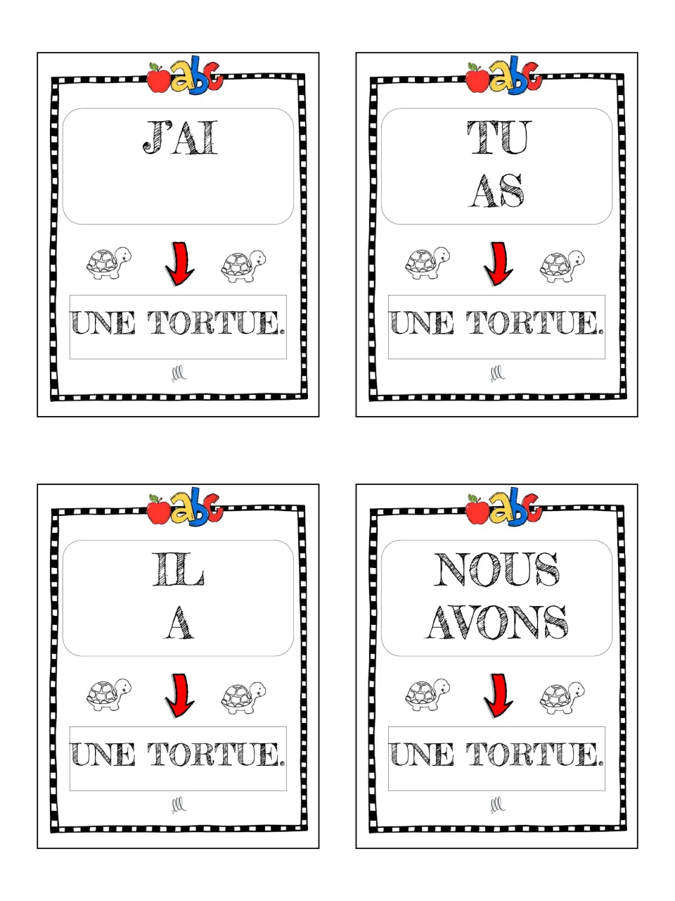 French avoir game cards 37–40: j’ai, tu as, il a and nous avons, each followed by une tortue (a turtle).