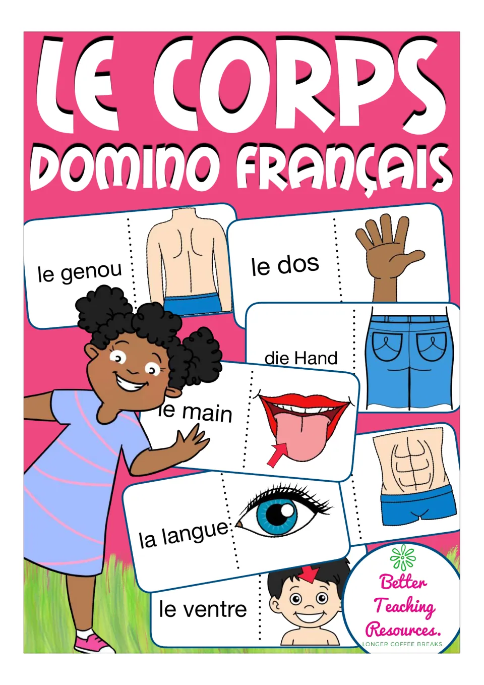 French body-part domino game cover titled 'Le corps' (the body), showing sample vocabulary and picture cards