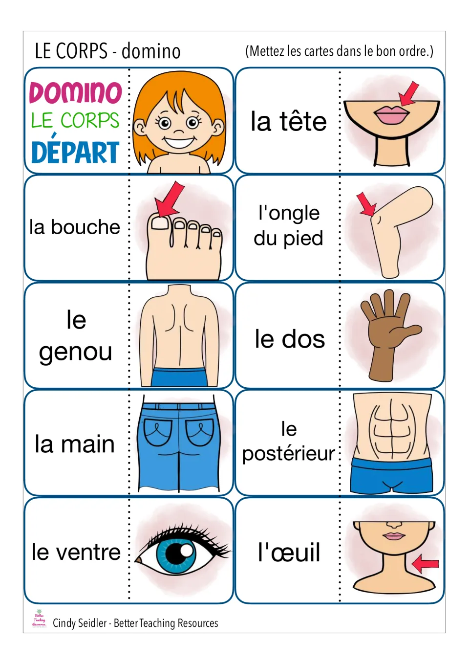 French body-part domino cards 1–10 include Départ (start), la tête (head), la bouche (mouth), and pictures