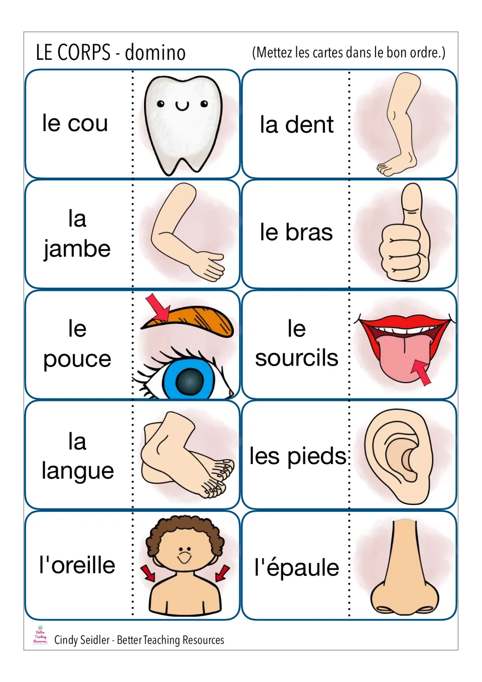 French body-part domino cards 11–20 include le cou (neck), la dent (tooth), la jambe (leg), and pictures