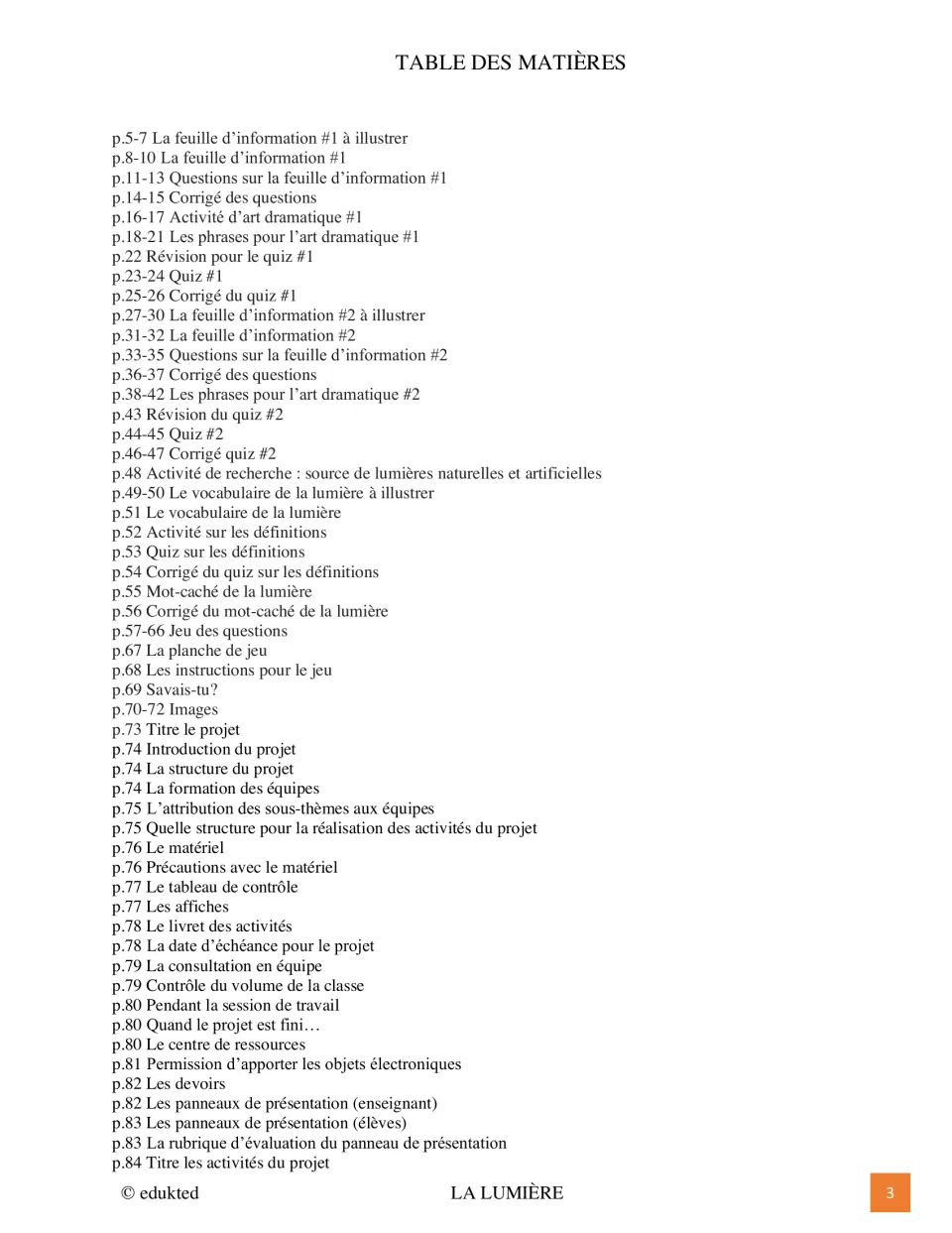 First contents page lists light fact sheets, questions, drama activities, quizzes, vocabulary, and project planning