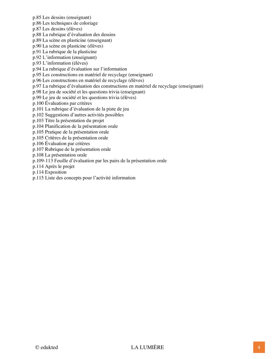 Second contents page lists drawing, clay scenes, recycled-material constructions, and oral presentation rubrics