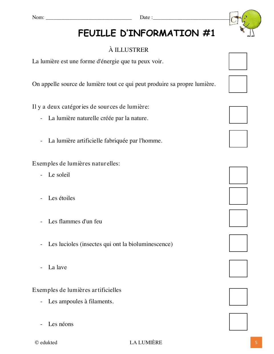 Light fact sheet 1 begins a student illustration task on natural and artificial sources, including stars and bulbs