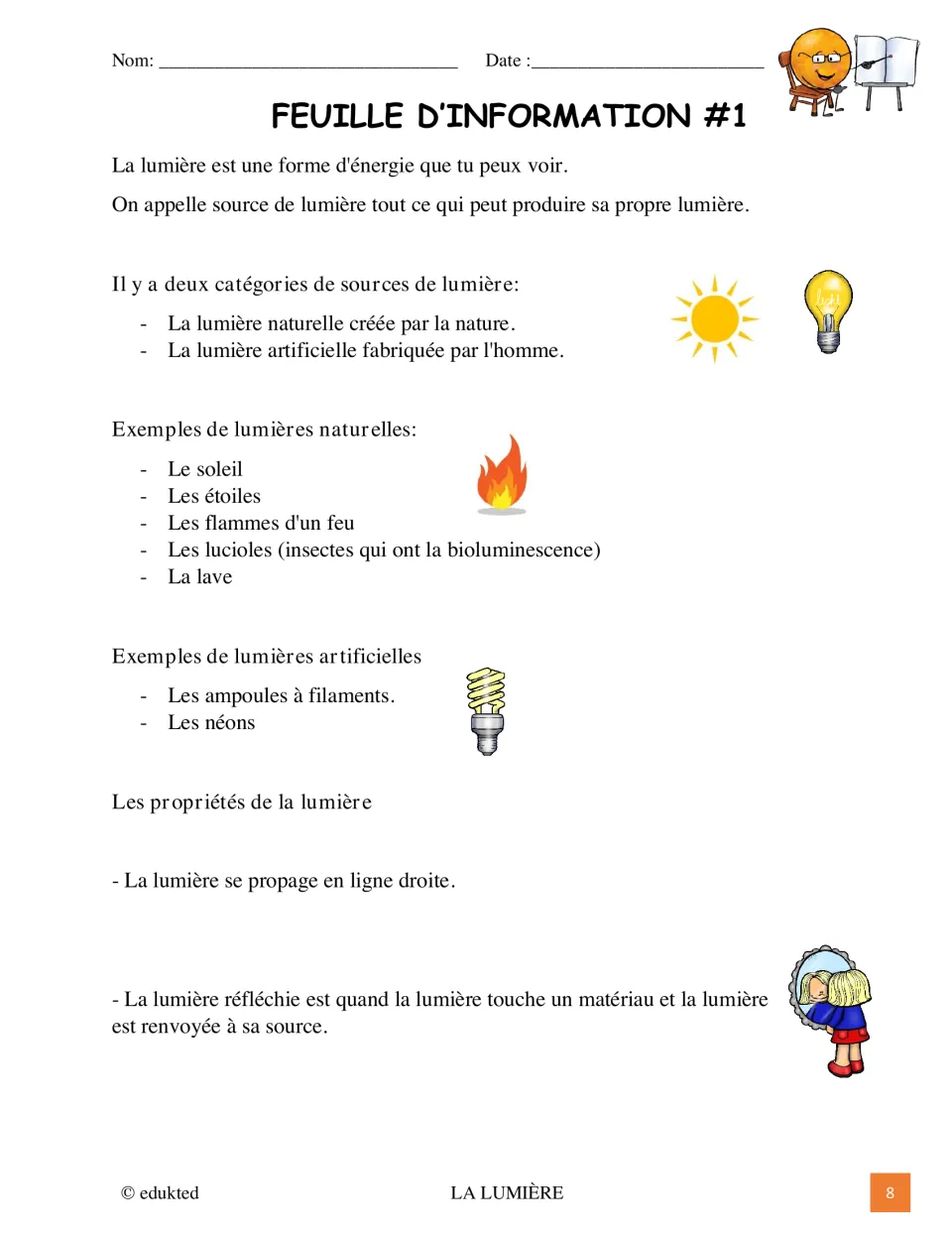 Illustrated light fact sheet 1 introduces natural and artificial sources, straight-line travel, and reflection