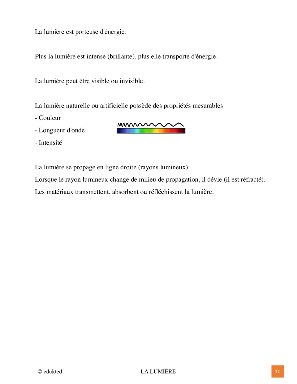 Illustrated light fact sheet 1 ends with energy, visible and invisible light, color, wavelength, and intensity