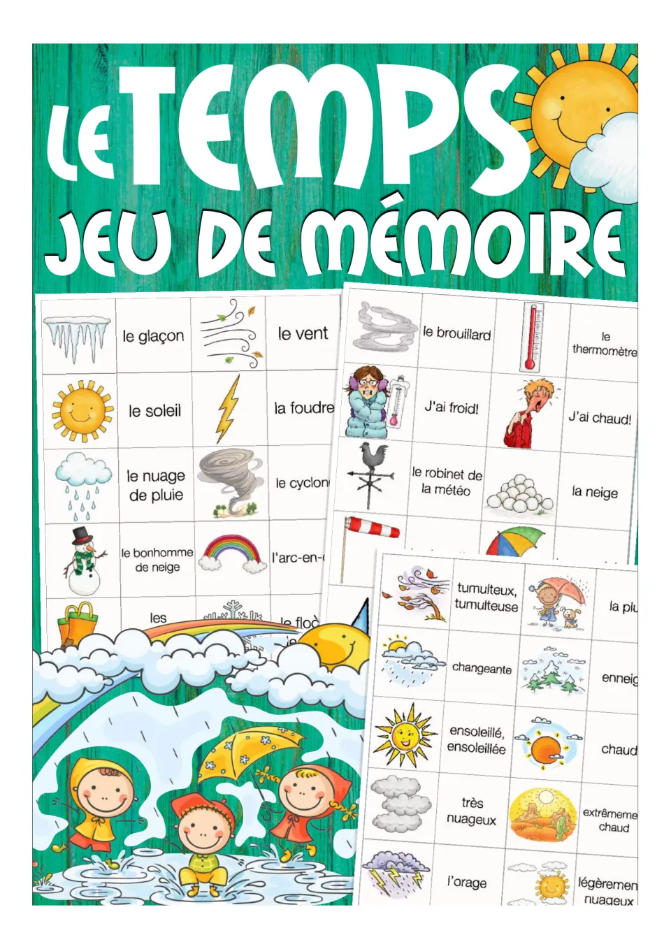 Cover of the French weather memory game, titled 'Le temps – jeu de mémoire,' showing sample word-picture pairs