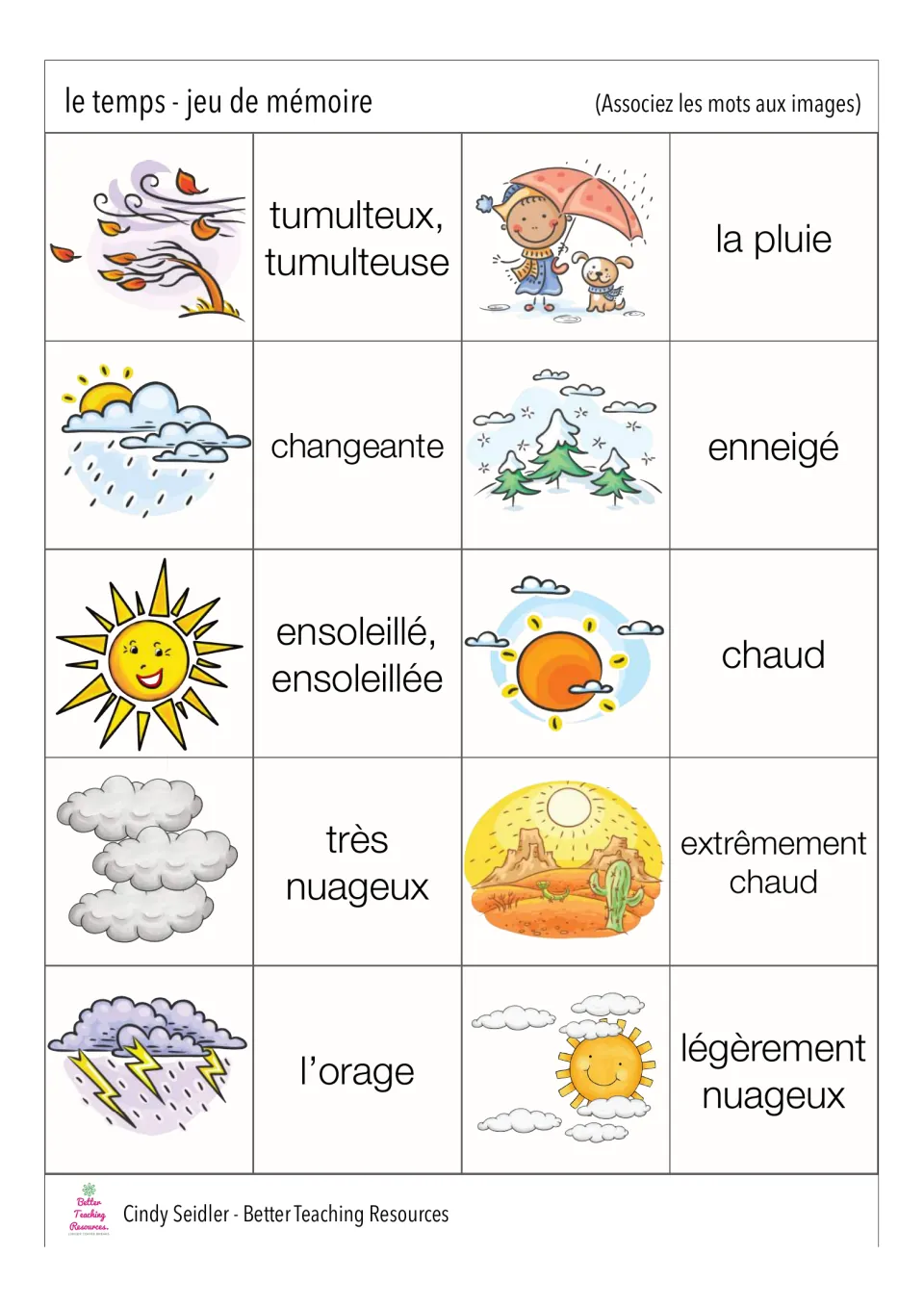 First memory card sheet: 10 French weather pairs, including la pluie (rain), chaud (hot), and l’orage (storm)