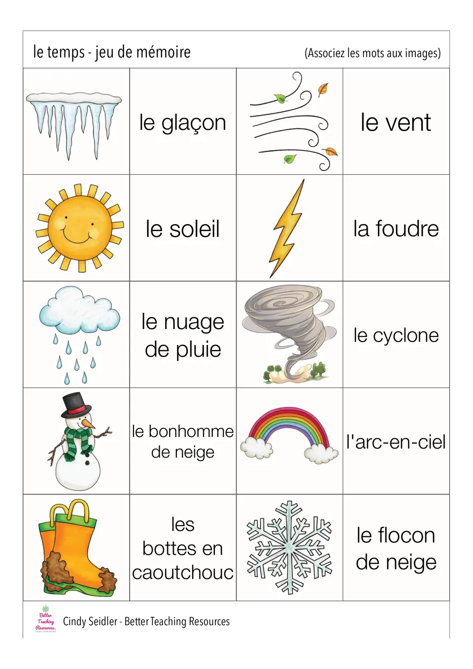 Second memory card sheet: 10 French weather pairs, including le vent (wind) and l’arc-en-ciel (rainbow)