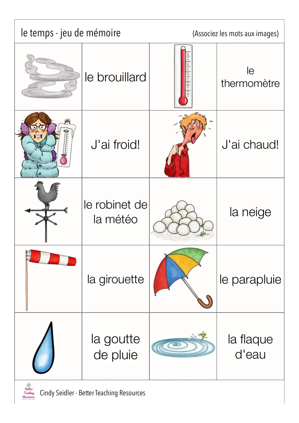 Third memory card sheet: 10 French weather pairs, including le brouillard (fog) and le parapluie (umbrella)