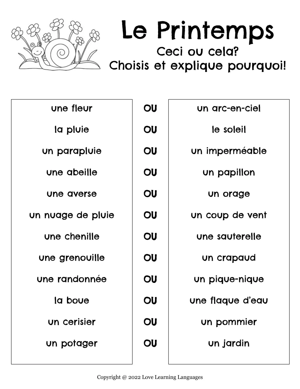 French spring choice worksheet: une fleur (a flower) or un arc-en-ciel (a rainbow), plus 11 more pairs.