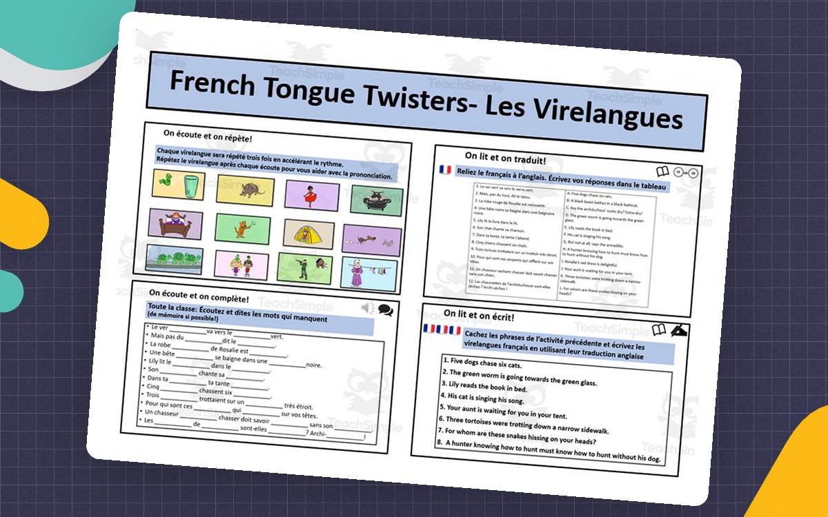 French Tongue Twisters activities overview with illustrated phrase cards, worksheets, and listening tasks.