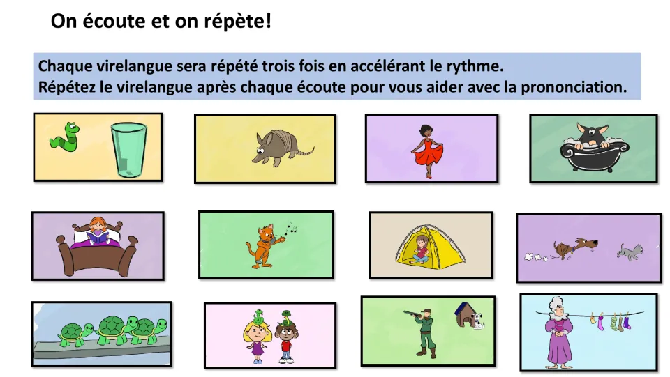 Listen-and-repeat routine: students hear every twister three times at rising speed, echoing it aloud, with 12 picture cues