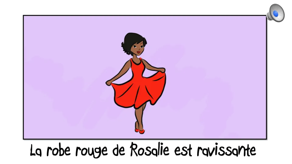 La robe rouge de Rosalie est ravissante: French R sound twister illustrated by a woman twirling a red dress, with audio
