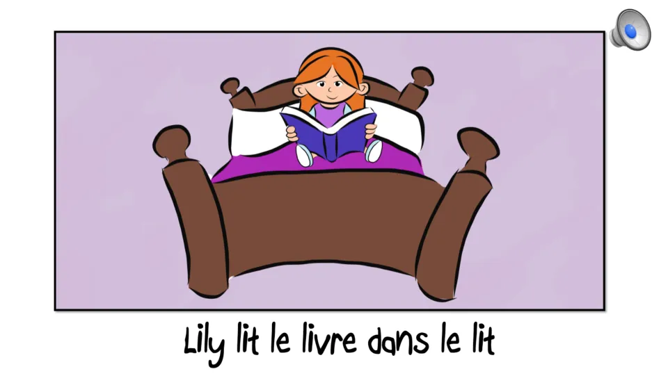 Lily lit le livre dans le lit: L and I sound tongue twister with a girl reading a book in bed, plus an audio button