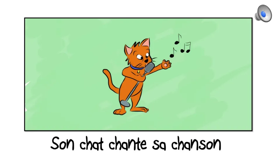 Son chat chante sa chanson: tongue twister contrasting s and ch sounds, shown with an orange cat singing at a microphone