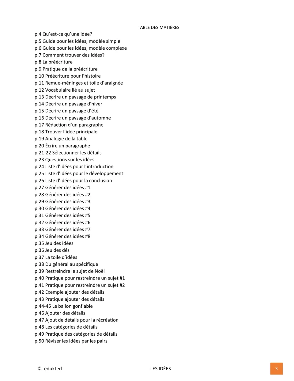 French writing resource contents list lessons on ideas, prewriting, paragraphs, details, and peer revision