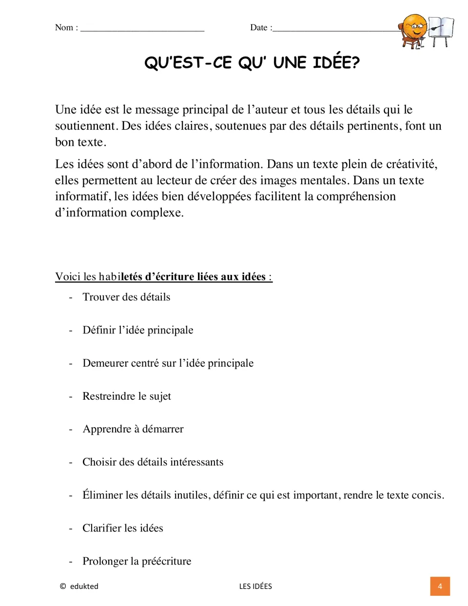French writing lesson defines an idea as the author's main message and supporting details, then lists skills