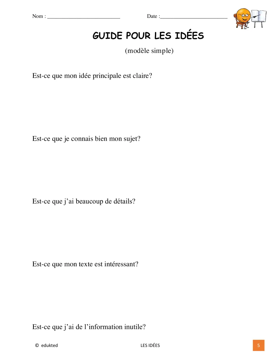 Simple French idea checklist asks about a clear main idea, topic knowledge, details, interest, and needless facts