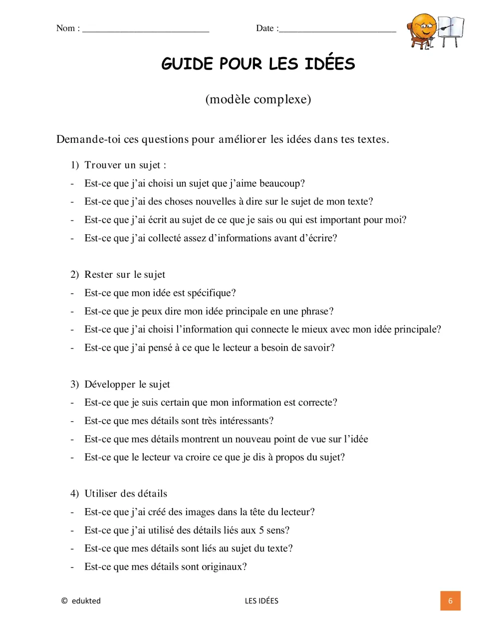 Detailed French idea checklist covers choosing a topic, staying focused, developing it, and using sensory details