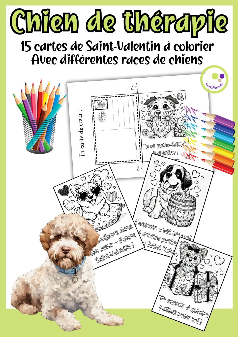 Cover introducing 15 French Valentine’s Day coloring cards featuring different dog breeds and messages