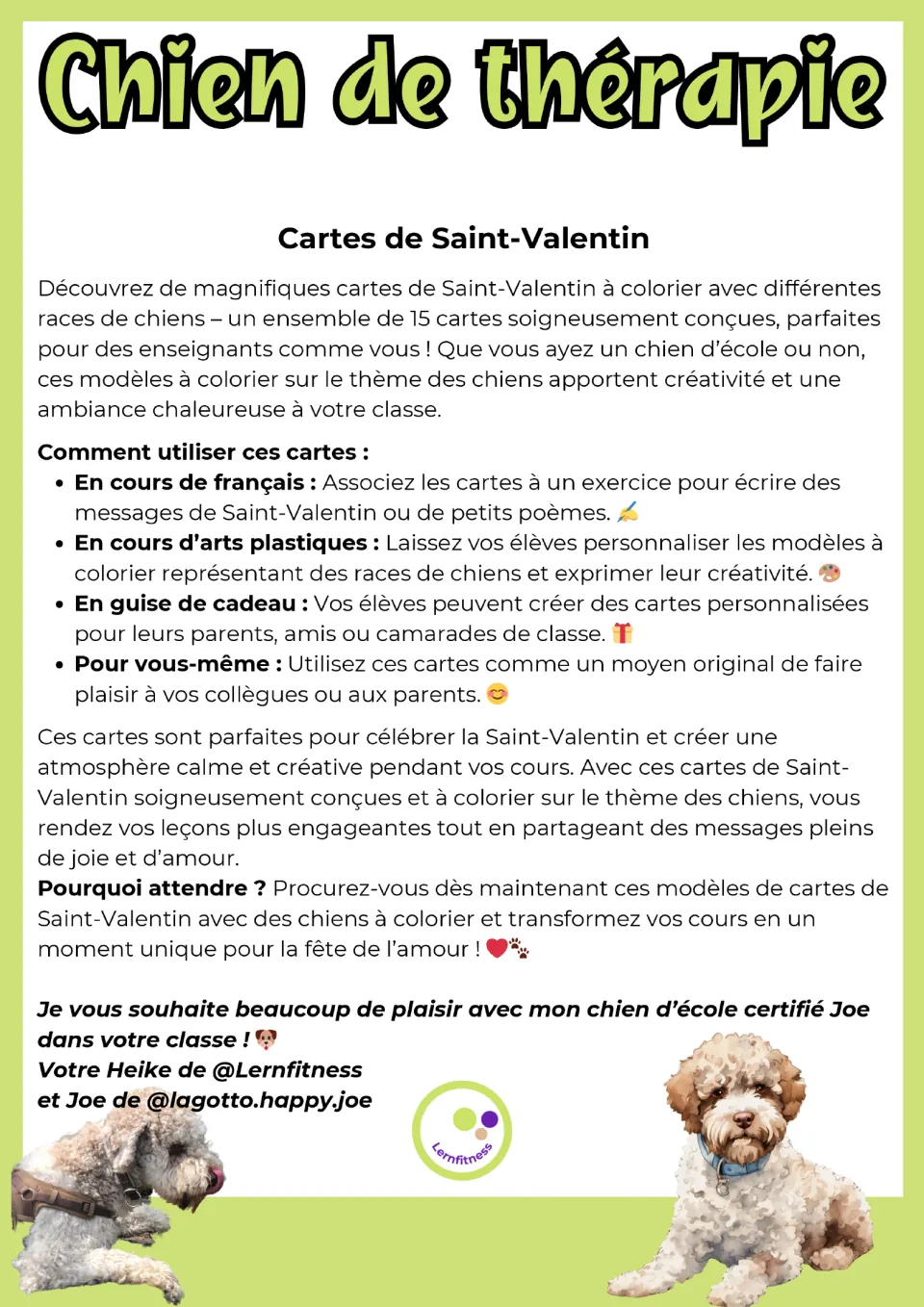 Teacher introduction to the 15 dog Valentine cards, with uses for French writing, art, and personal gifts